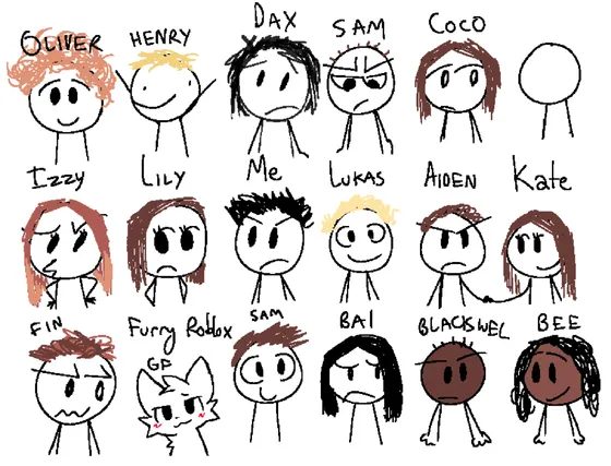 A grid of eighteen small hand-drawn portraits of friends, each labelled with a name