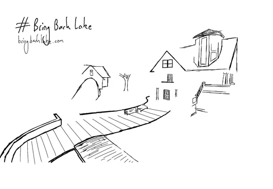 Black ink line sketch of the Counter-Strike map de_lake, with a #BringBackLake caption