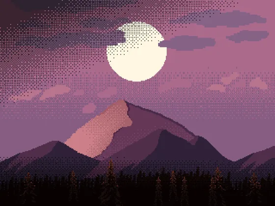 Dithered pixel art of purple mountains under a full moon at dusk