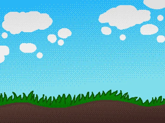 Pixel art of a bright blue sky with clouds over grass
