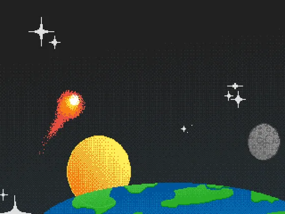 Pixel art of the Earth from orbit with the sun, a comet and stars