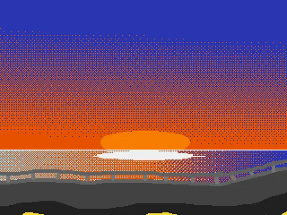 Dithered pixel art of an orange sunset over a dark sea
