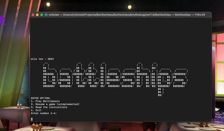 Battleships running in a macOS terminal with an ASCII title