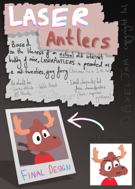 Character concept sheet for Laser Antlers, a moose in a red shirt, with handwritten notes