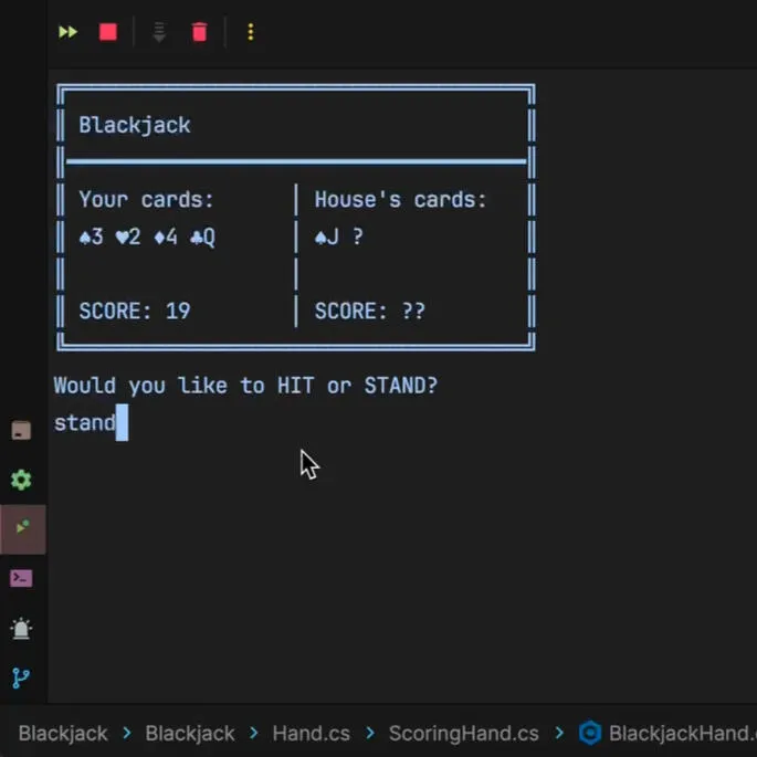 Blackjack running in the VS Code terminal