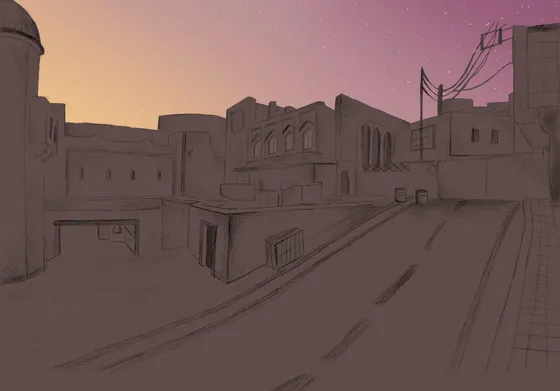 Sketch of the Counter-Strike map de_dust2 at sunset, in flat shading