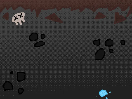 Pixel art of a dark rock wall with a skull and glowing blue ore