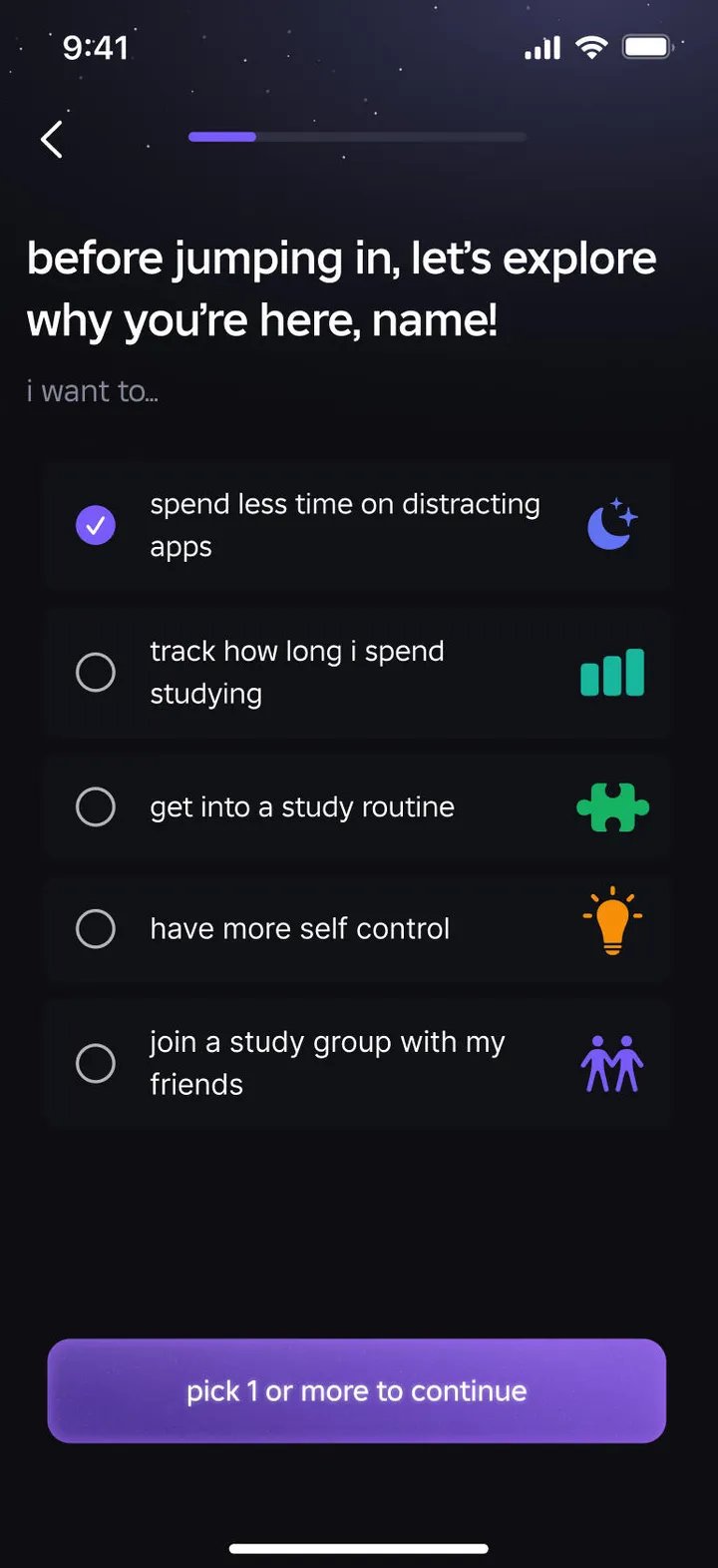 Onboarding screen asking why you are here