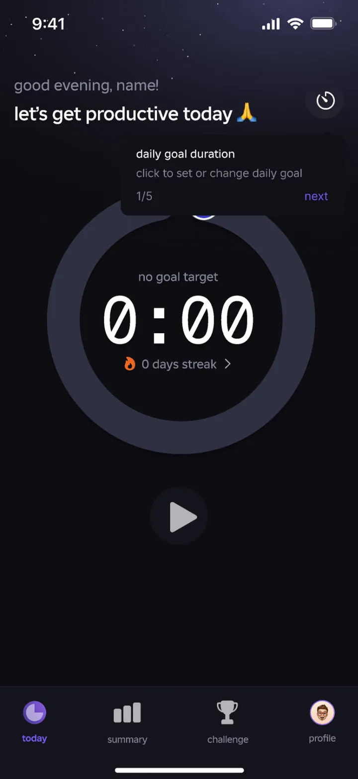 Home screen with a focus timer at zero and a daily goal ring
