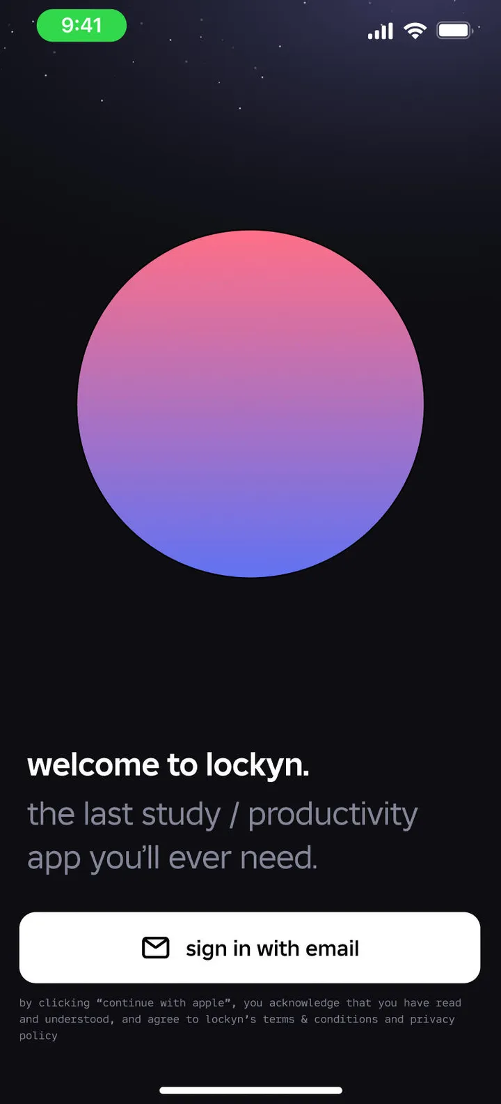 Lockyn welcome screen with a gradient orb and a sign in with email button